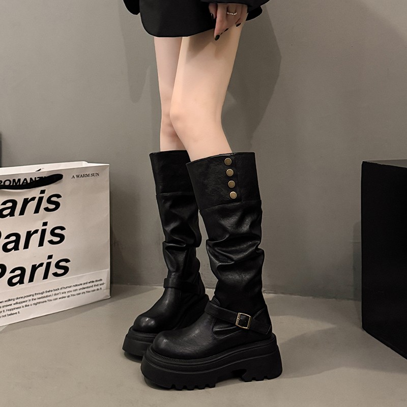 西部牛仔废土风高筒靴子女2025年秋冬新款厚底堆堆靴两穿骑士靴女