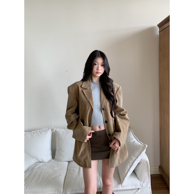 withmin凉皮 辣妹宽松新款垫肩复古秋冬西装外套女2523906现货