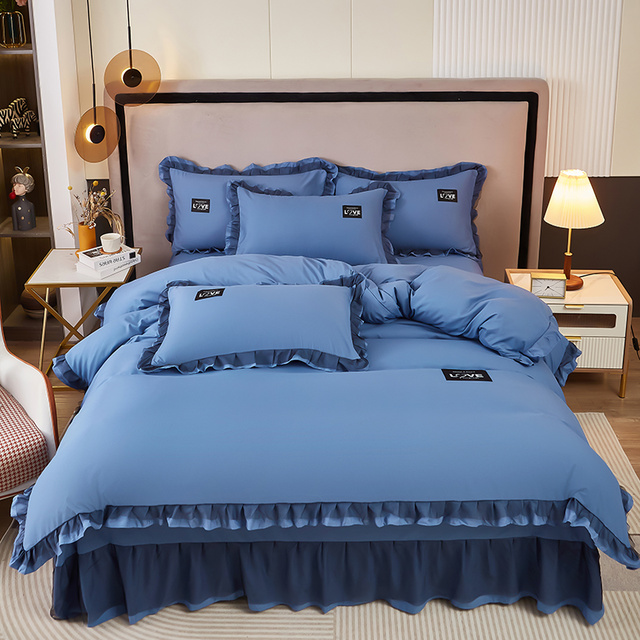 韩版床上四件套被套纯色蕾丝花边床单100%磨毛轻奢双人被罩公主风