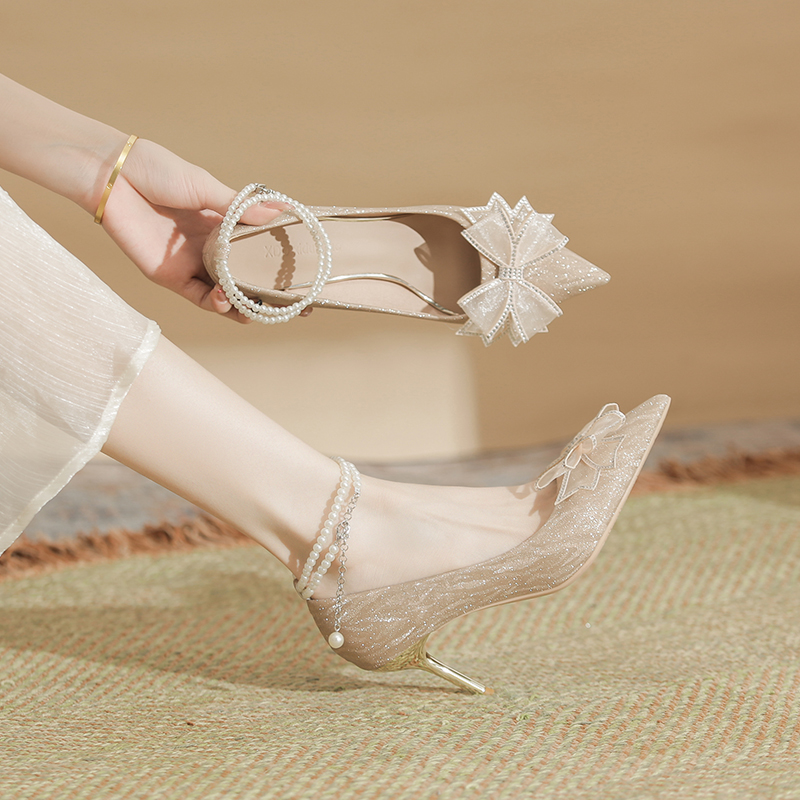 超仙蝴蝶结水钻高跟鞋2025新款爆款春秋法式尖头凉鞋轻便耐磨女鞋