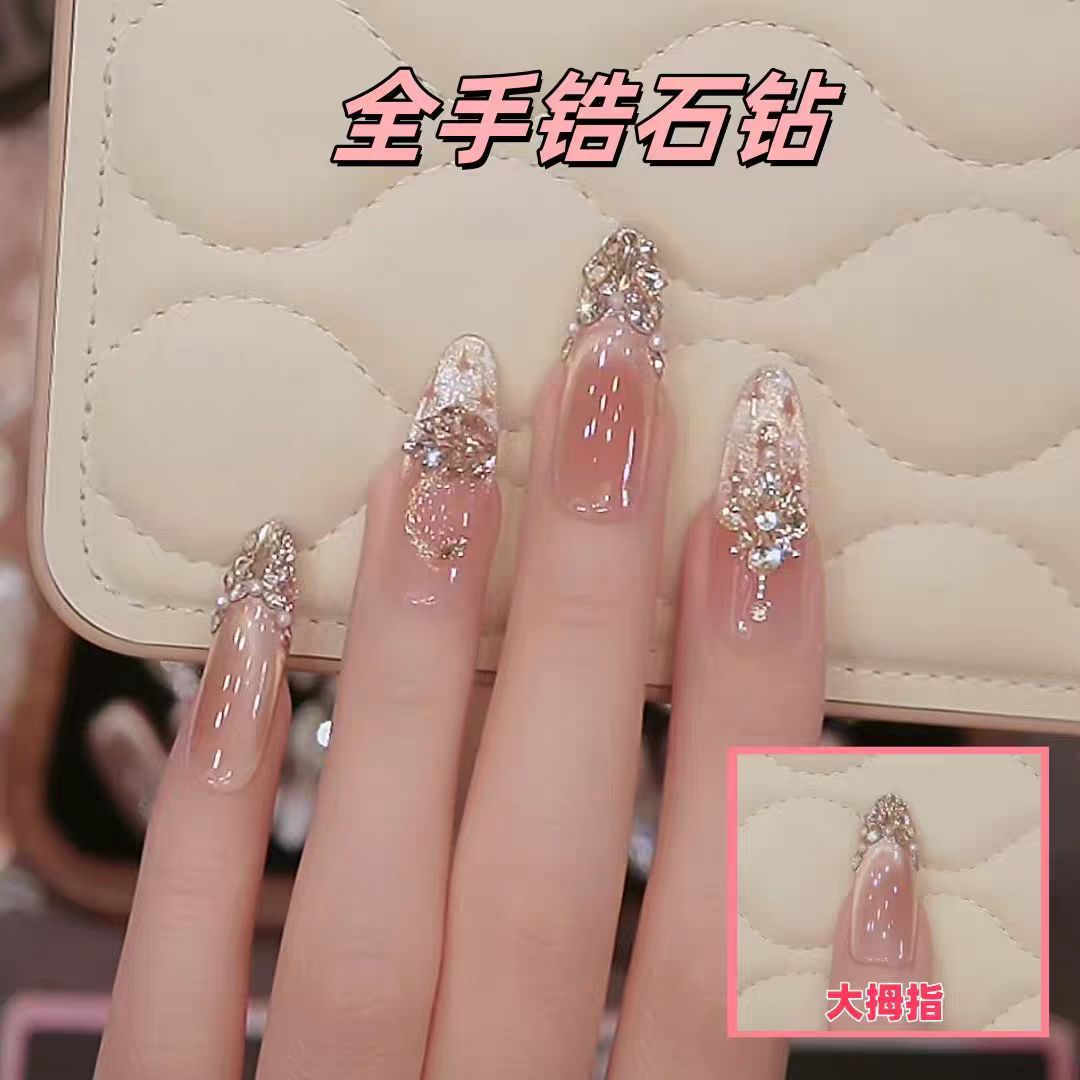手工穿戴甲气质猫眼立体锆石满钻爆闪甲片高级感重工富家千金美甲