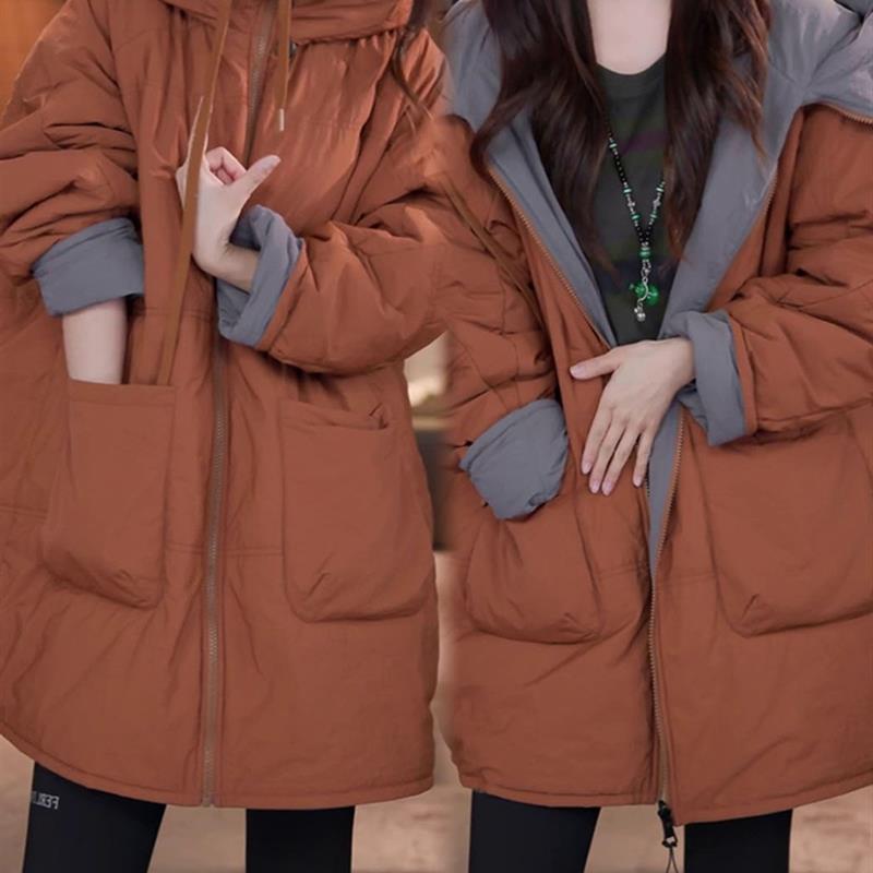 时尚加厚保暖双面穿棉衣女2025秋冬新款洋气宽松显瘦连帽棉服外套