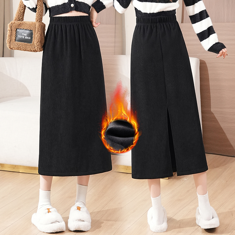 加绒加厚包臀半身裙裙子韩版松腰高腰欧棉绒女秋冬直筒休闲长裙女