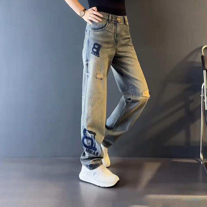 同款秋冬新款男士裤子字母宽松时尚牛仔裤直筒休闲长裤高级感男装