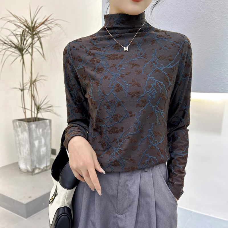女士显瘦半高领打底衫洋气长袖提花保暖修身时尚冬新款T恤上衣