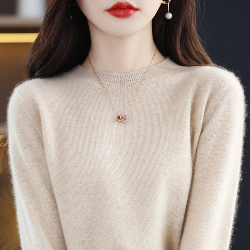 高档上档次100%纯羊毛打底衫女内搭圆领毛衣春秋款纯色针织羊毛衫