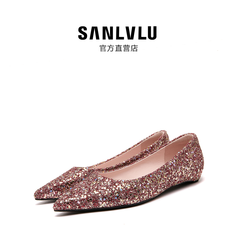 SANLVLU襄阳 红色平底水晶鞋孕新娘礼服婚鞋羊皮里舒适单鞋不累脚