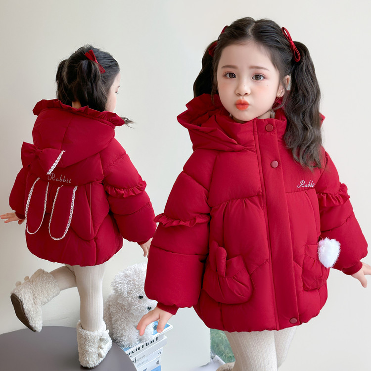 女童红色棉衣外套2025冬装新款儿童服洋气女宝加厚保暖棉袄