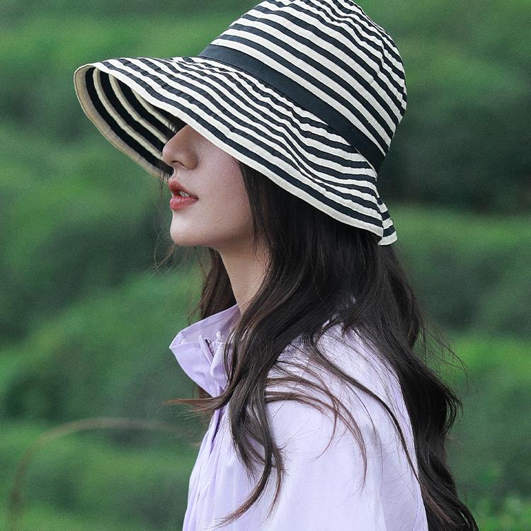 山系风条纹设计遮阳帽女25夏新遮阳可折叠防晒防紫外线太阳帽