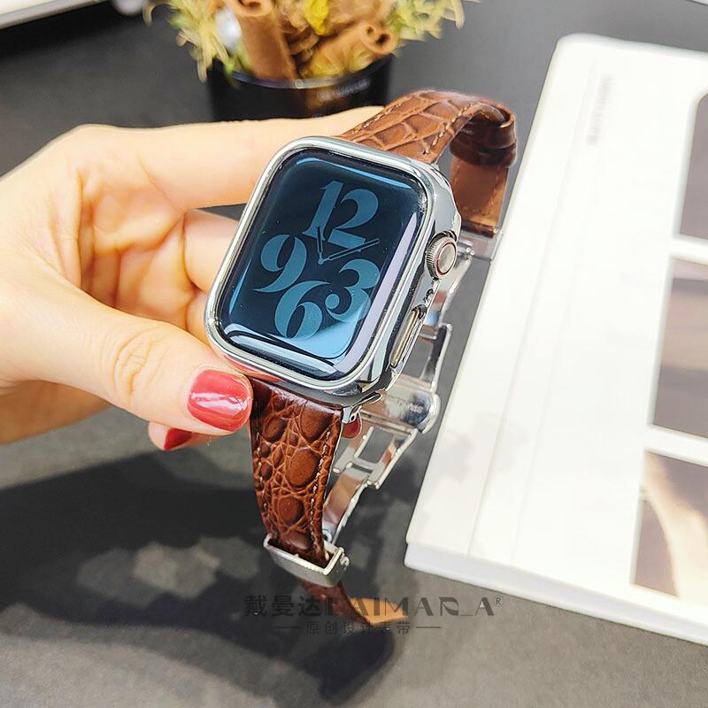 适用Appleiwatch苹果SE鳄鱼纹小蛮腰牛皮表带精钢蝴蝶扣FIT4小米9