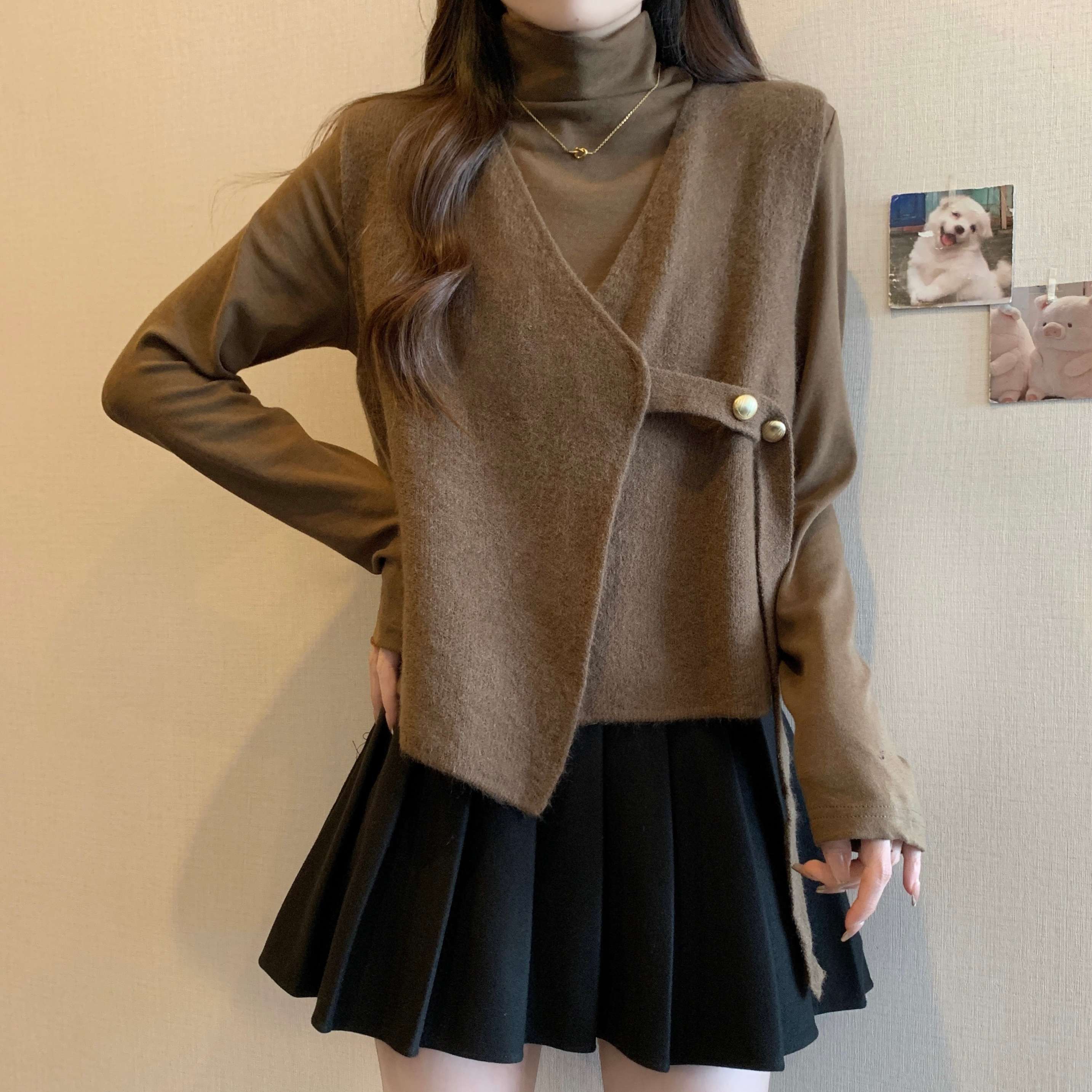 大码独特漂亮针织打底衫女秋季穿搭一整套胖mm显瘦马甲两件套上衣