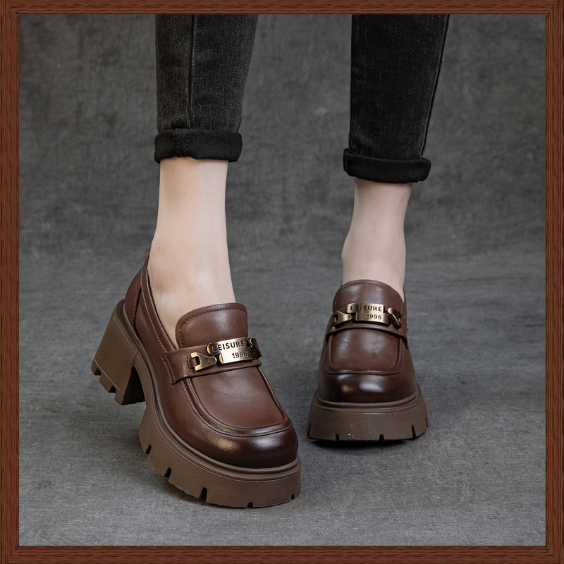 时尚百搭头层牛皮高跟7厘米圆头乐福鞋2025新款厚底粗跟单鞋女