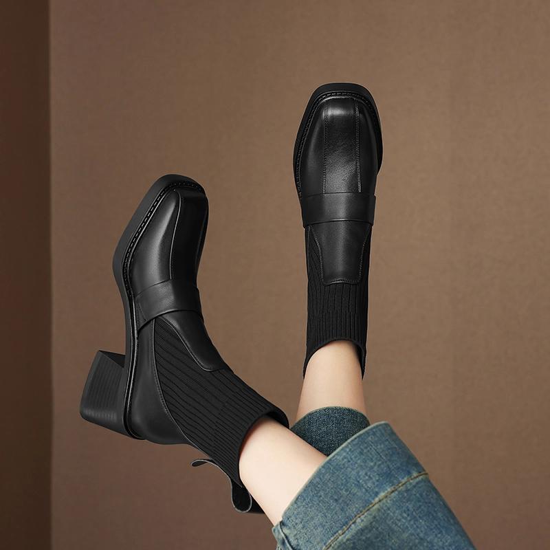 【反季清货】牛皮针织英伦风方头女短靴舒适时尚百搭手工靴 M001