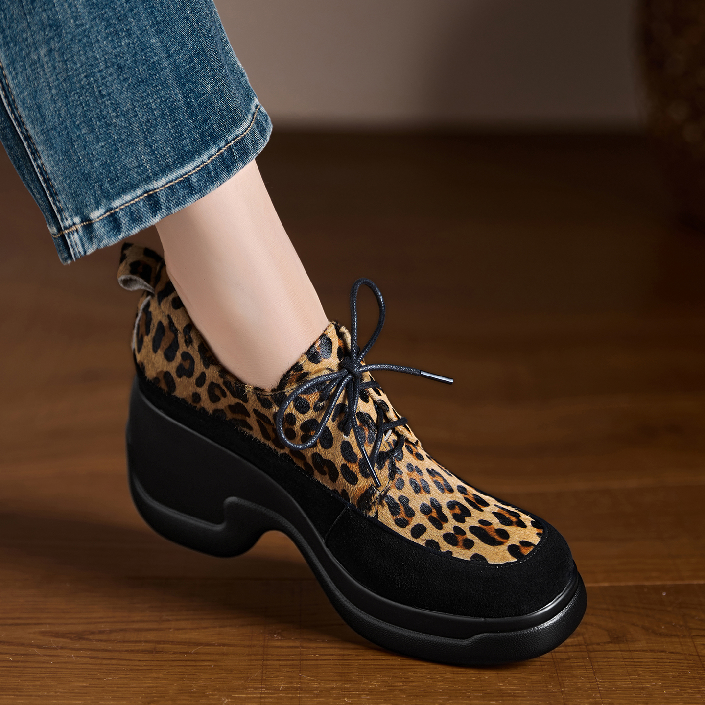小个子手工女鞋8cm~厚底增高豹纹休闲小皮鞋圆头系带深口单鞋女