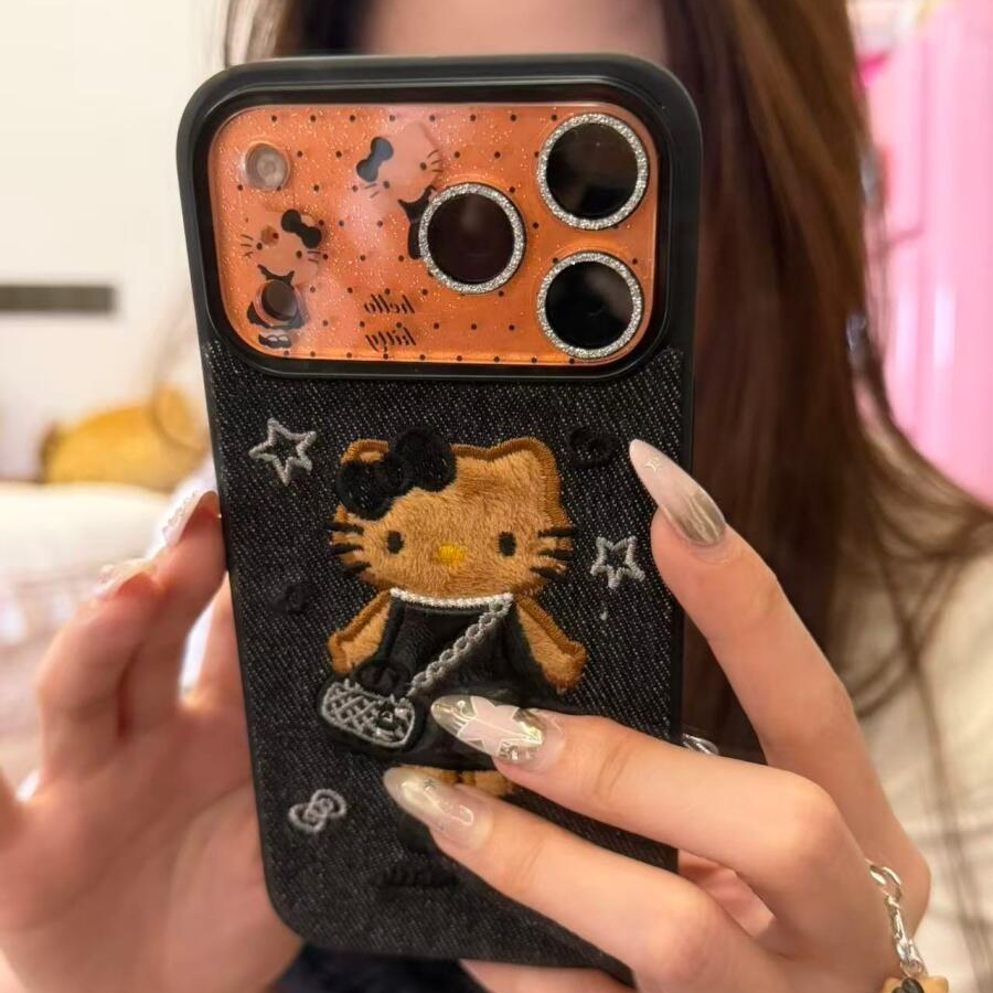 秋冬皮质刺绣黑皮kitty适用苹果17ProMax手机壳保护套16pro/15