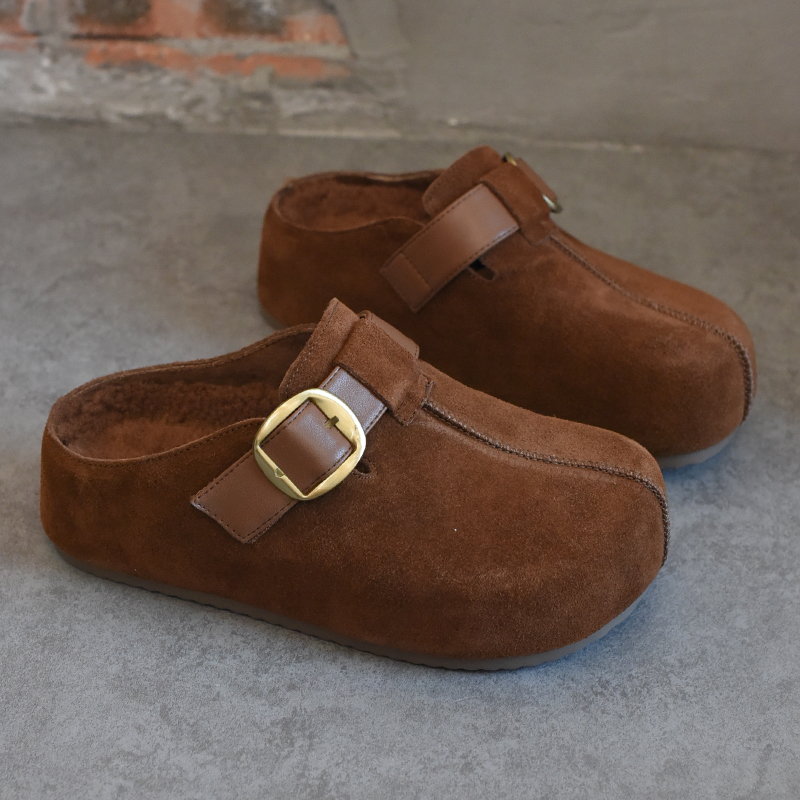 欧洲站女鞋爆款加绒保暖半拖鞋女2025冬季新款一脚蹬外穿勃肯鞋潮