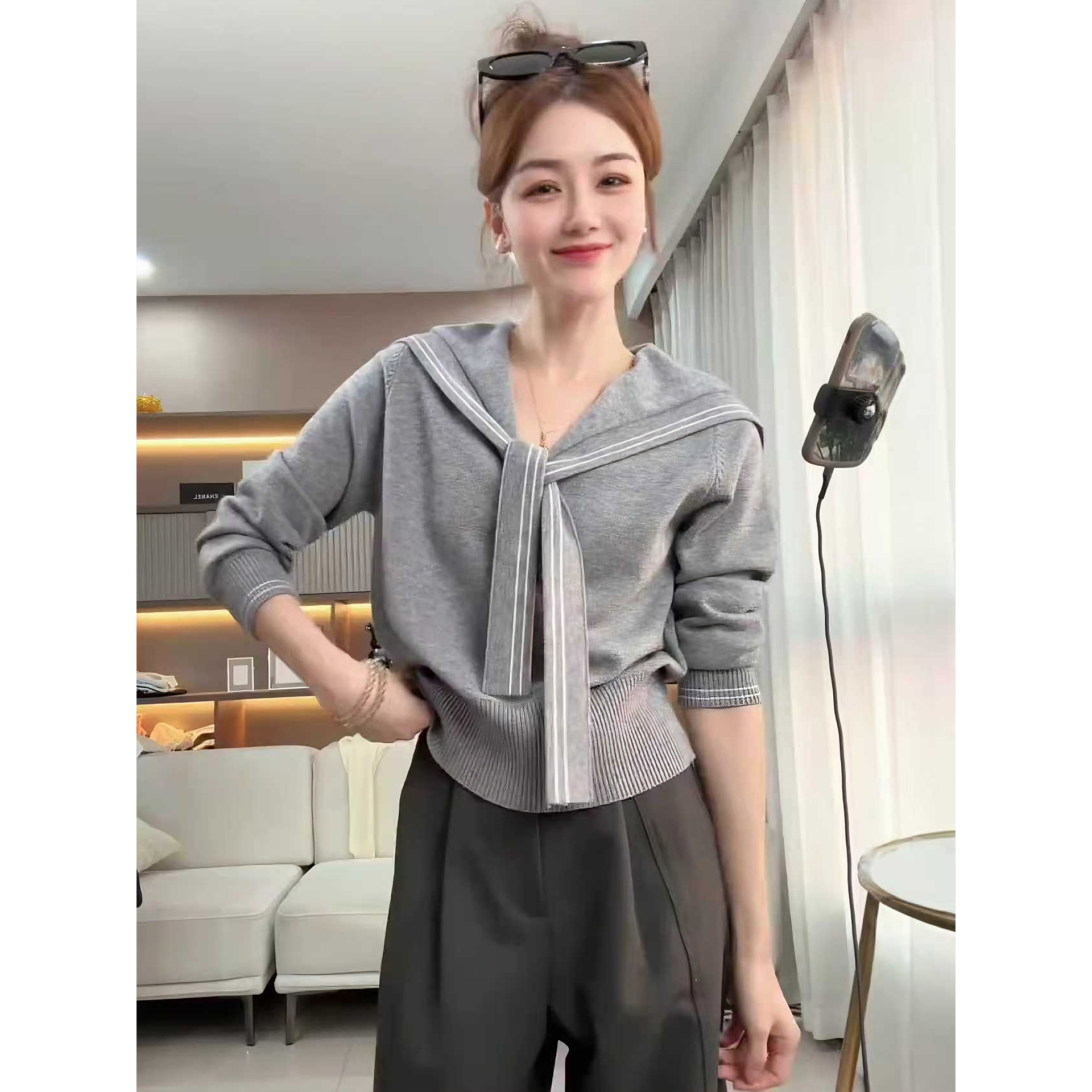 时尚海军领披肩长袖针织衫秋装新款宽松显瘦撞色毛衣百搭打底上衣