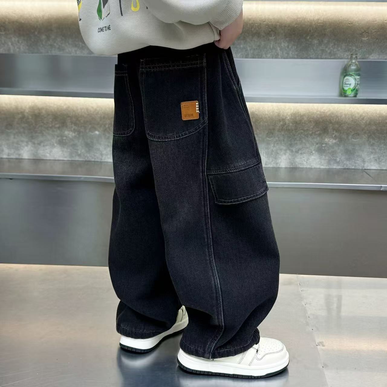 男童加绒裤子一体绒秋冬款2025新款儿童装洋气阔腿冬季加厚牛仔裤