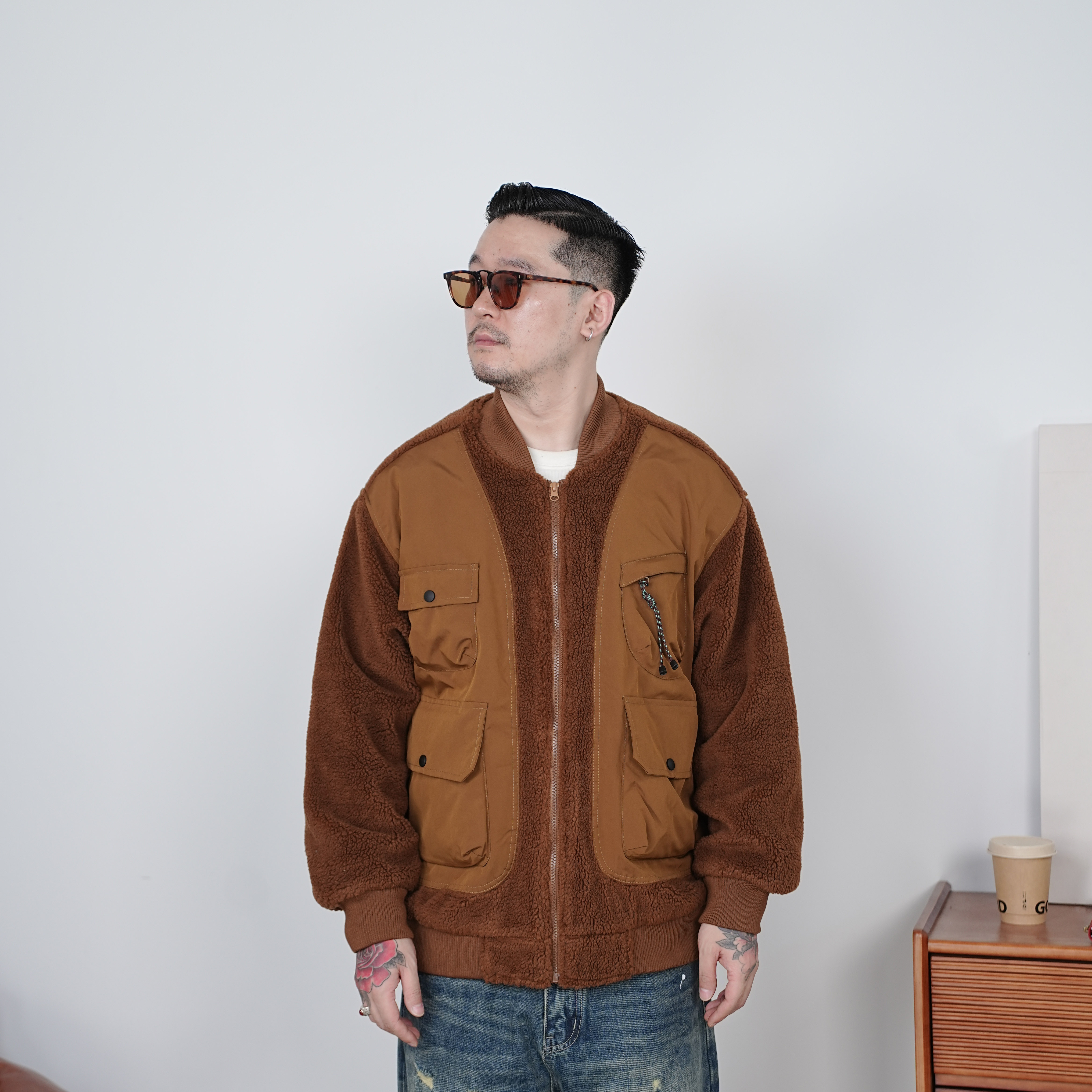 25FW秋冬复古羊羔毛拼接工装棉衣日系休闲宽松保暖夹克外套