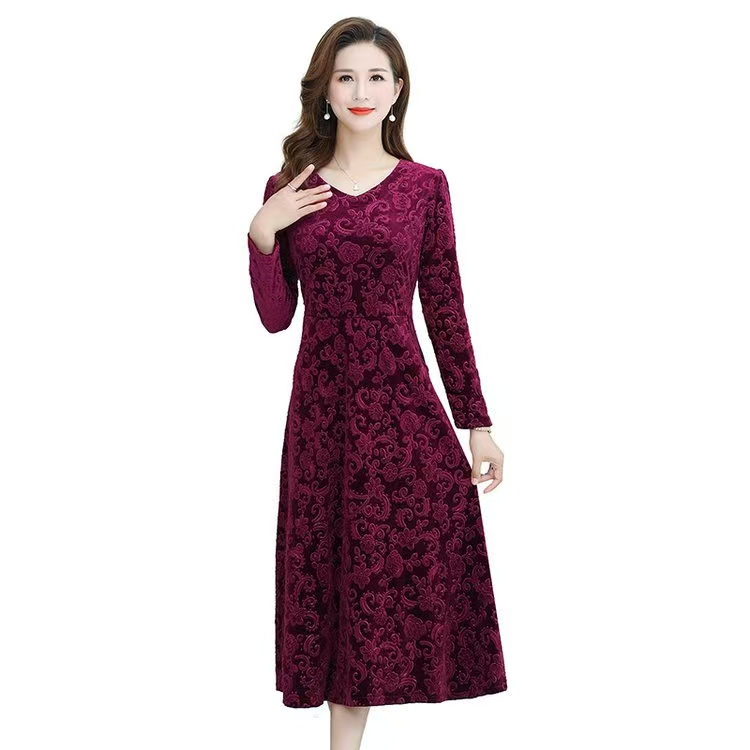 纯色长袖常规深蓝印花显瘦连衣裙妈妈装显瘦裙子礼服