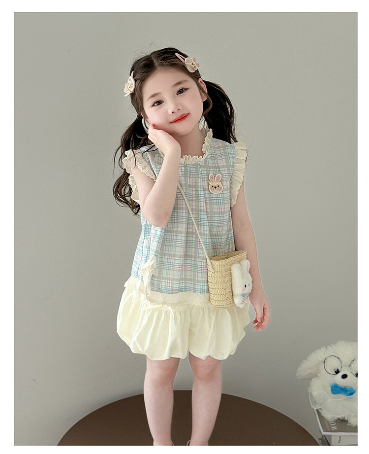 女童套装夏装新款韩系甜美儿童格子T恤花苞短裤时尚两件套