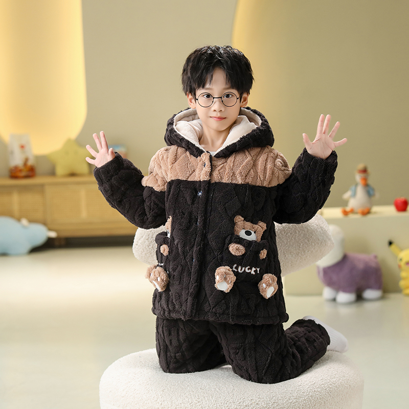冬季儿童睡衣三层加厚款夹棉法兰绒男童宝宝珊瑚绒保暖家居服套装