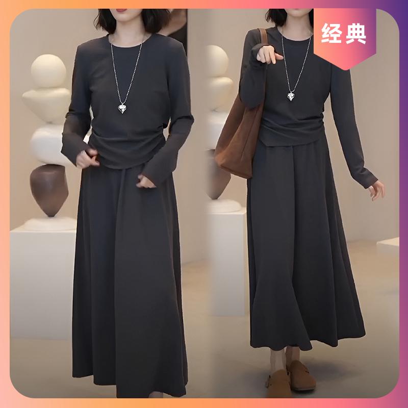 韩版简约气质套装女2025春秋新款洋气长袖T恤时尚A字半身裙一整套