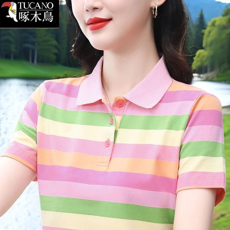 啄木鸟夏季薄款条纹短袖T恤女2025年新款运动POLO领时尚减龄上衣