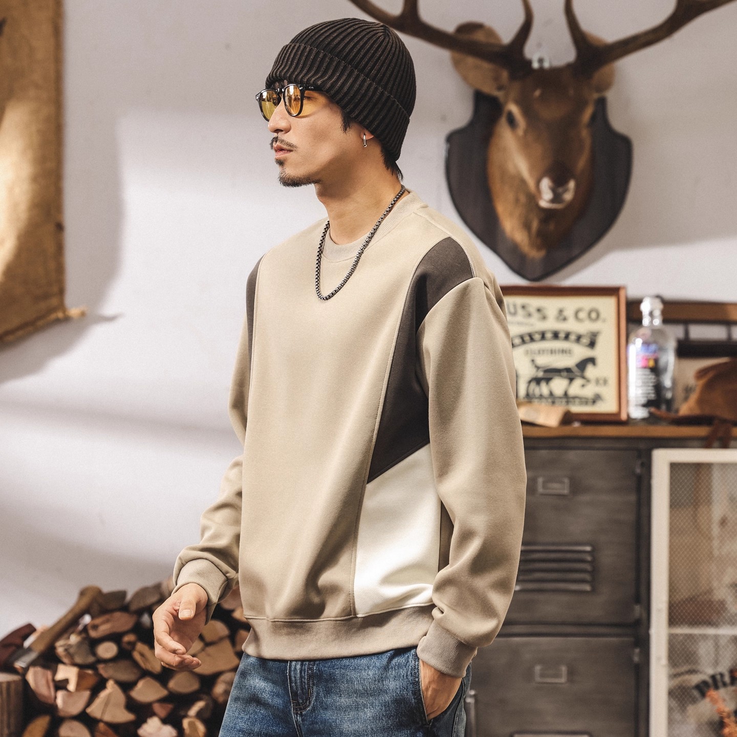 美式复古重磅秋冬圆领卫衣男百搭时尚新款潮牌撞色宽松大码上衣男