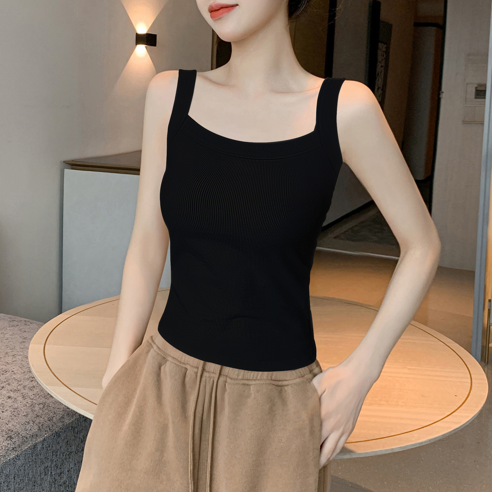 黑色吊带背心女2025新款春夏季方领工字内搭打底洋气无袖针织上衣