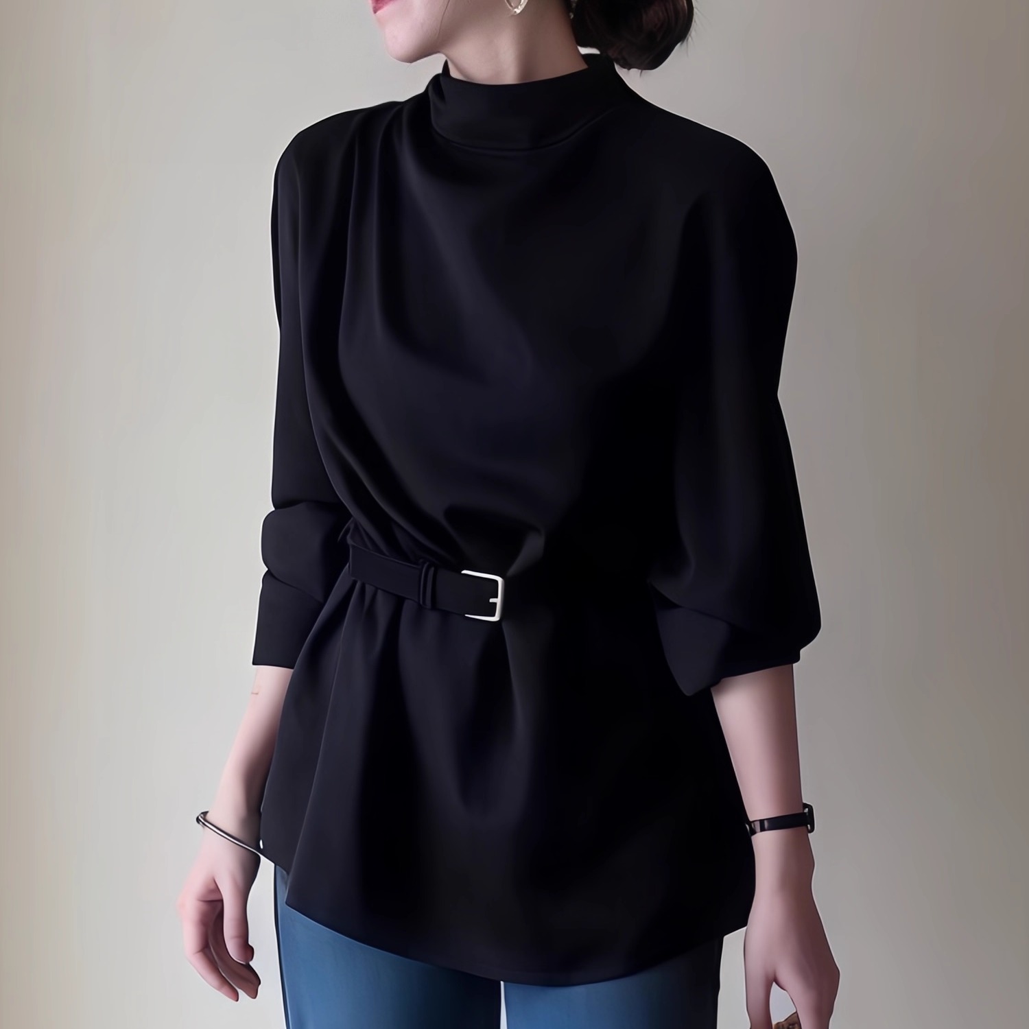 优雅风半高领长袖黑色衬衫2025秋季新款淡人高知老钱风穿搭上衣女