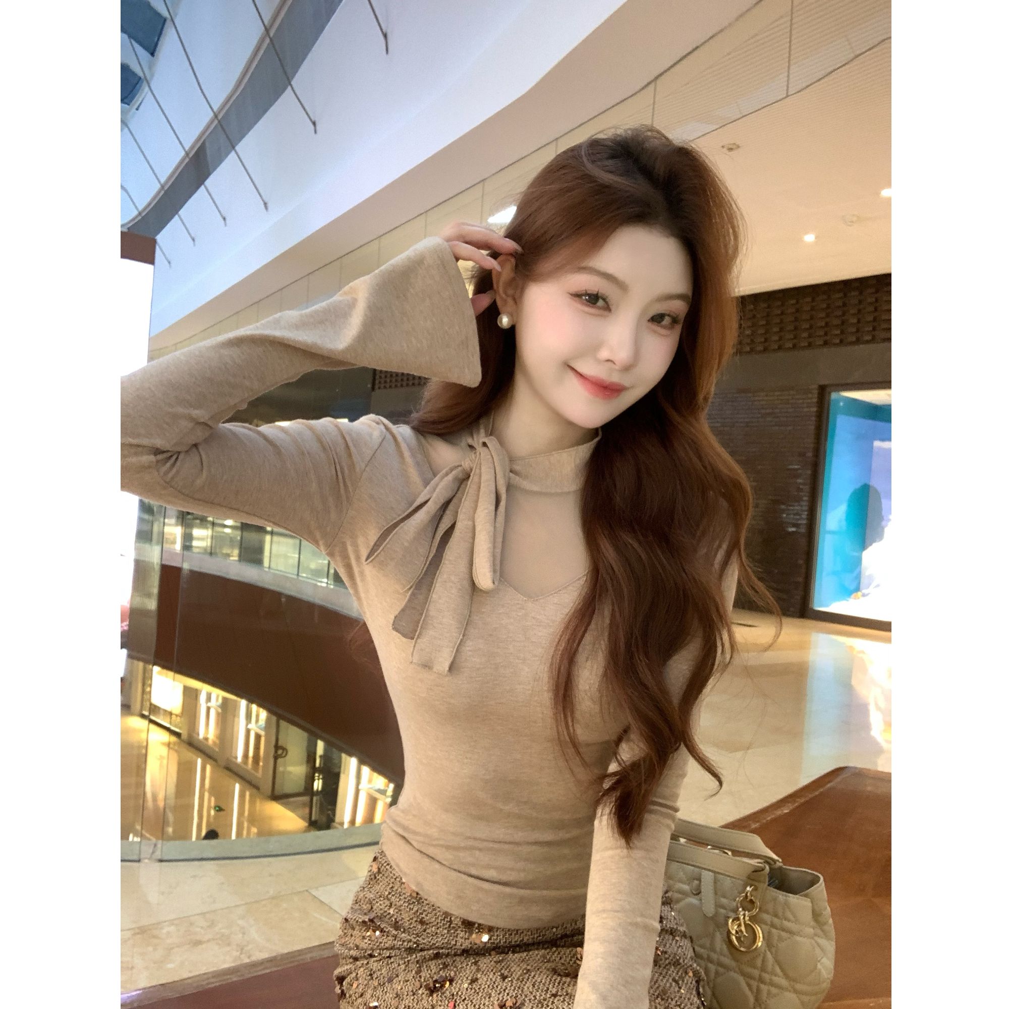 SZA【冬日情书】冬季新款气质蝴蝶结绑带打底磨毛内搭针织衫A-2506