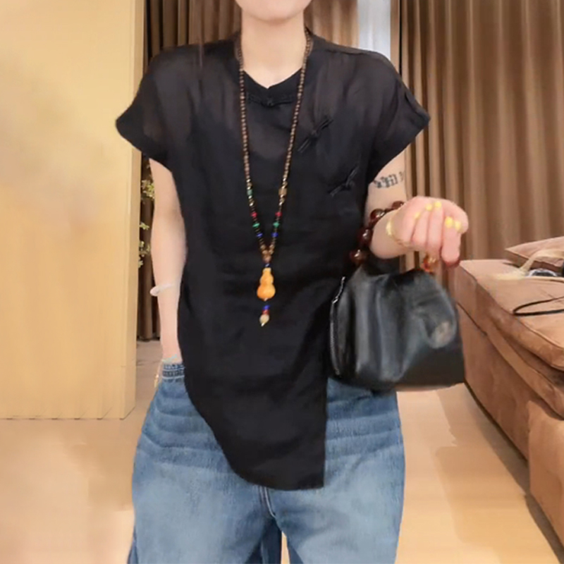 中式风复古纯色斜襟纽扣衬衫女夏季新款时髦遮肉显瘦慵懒百搭上衣