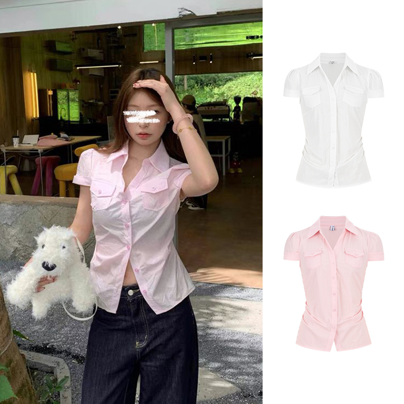 Moses Queen/魔西女王韩系掐腰修身短袖口袋收腰气质衬衫上衣