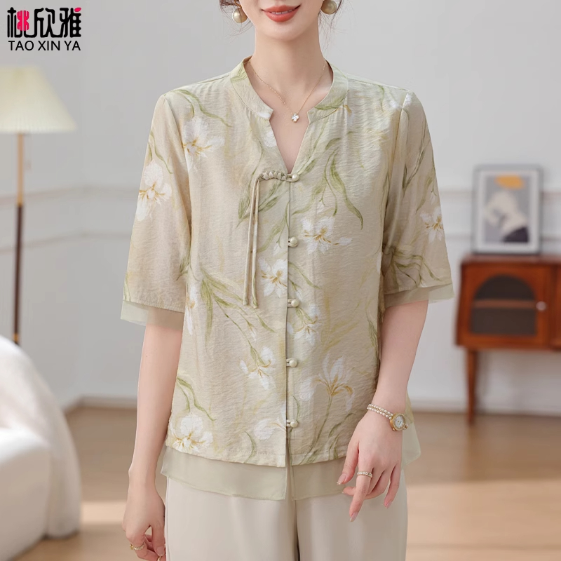 妈妈夏装套装新中式国风雪纺衫2025新款中老年夏季女短袖小衫上衣