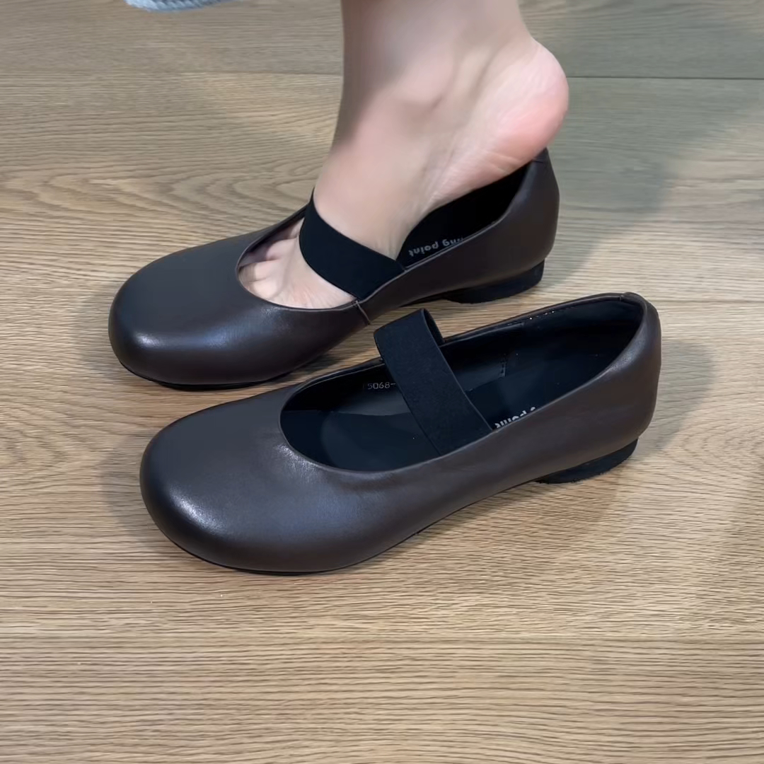 2025新款圆头复古芭蕾舞单鞋通勤舒适真皮松紧带玛丽珍平底单鞋女