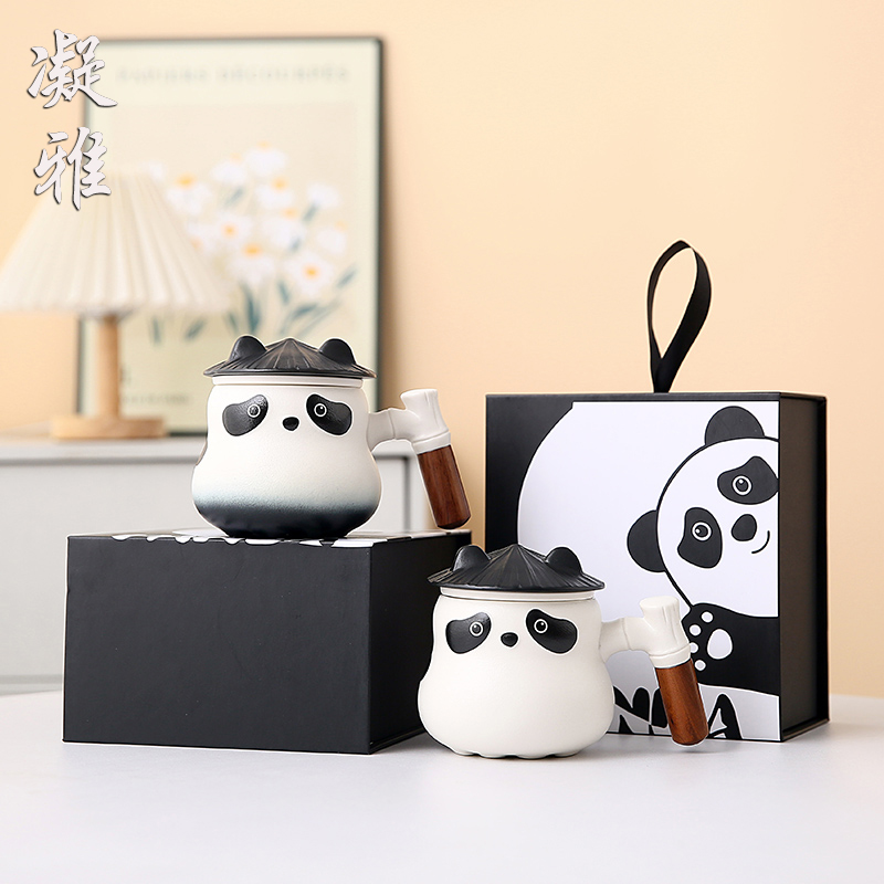 熊猫泡茶马克杯创意陶瓷茶水分离杯子带盖男女办公室过滤斗笠杯