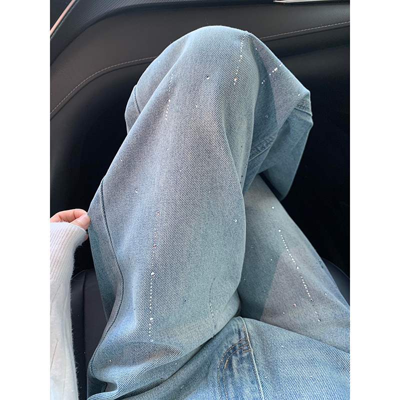 浅蓝色亮片烫钻重工牛仔裤女2025新款春秋季高腰显瘦梧桐阔腿裤子