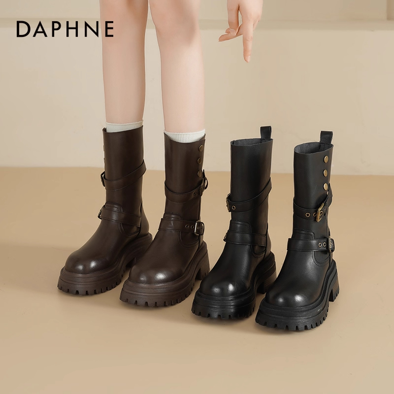 达芙妮马丁靴女两穿复古百搭短靴2025秋季新款厚底中筒瘦瘦靴