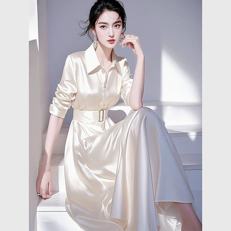 女装收腰白色缎面衬衫连衣裙法式显瘦长裙子气质轻奢夏季小众长款