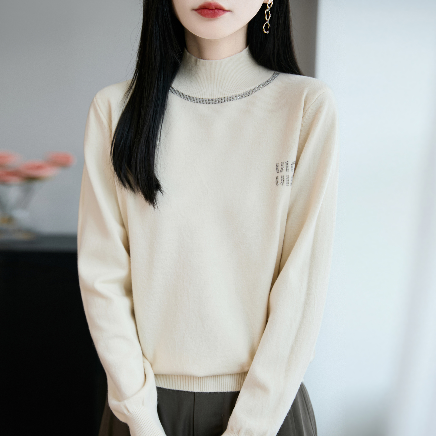 半高领烫钻针织上衣百搭毛衣打底衫-213