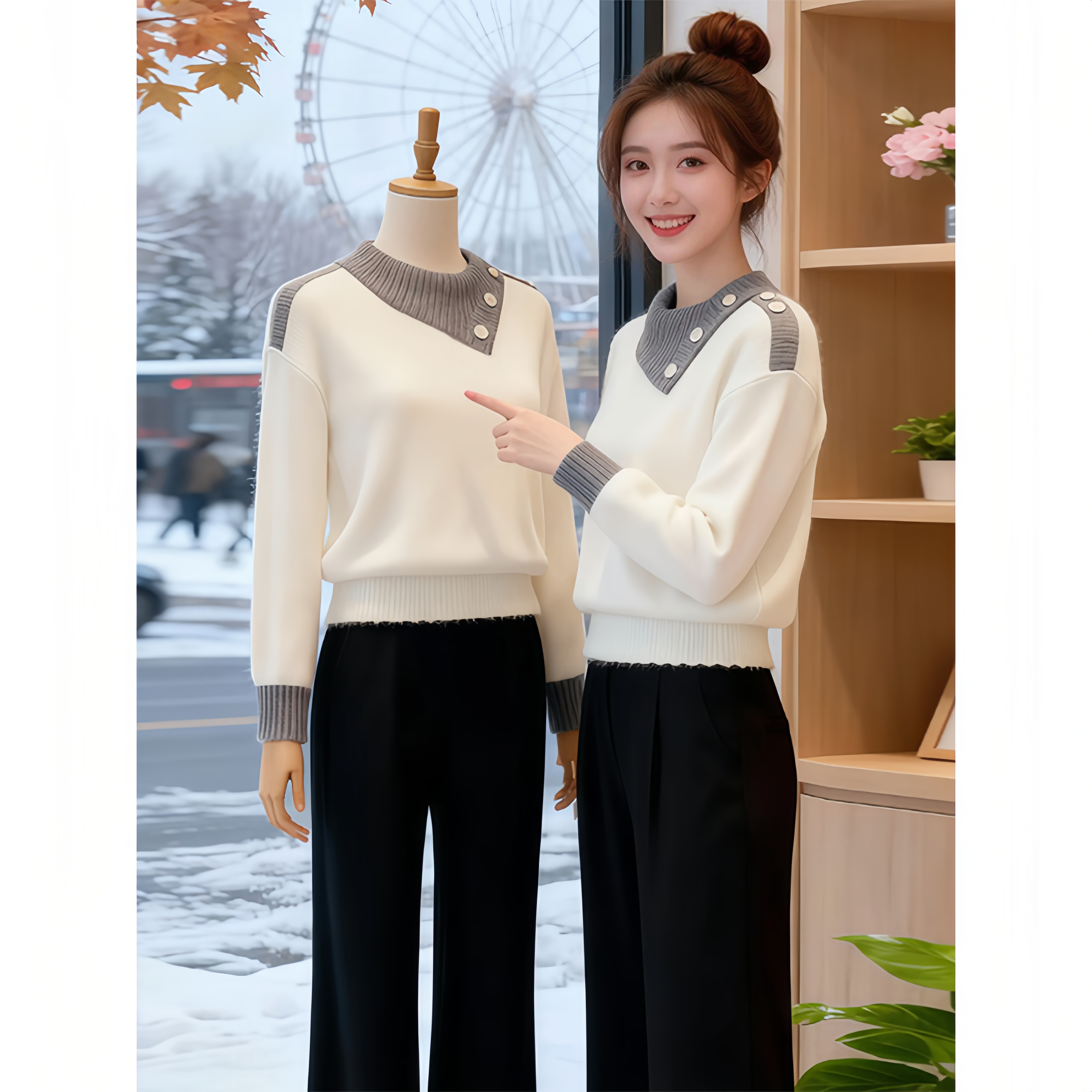 设计感上衣翻领针织衫女2025秋冬新款撞色上衣慵懒宽松洋气毛衣