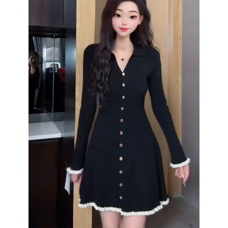 法式赫本风长袖a字连衣裙女秋季大码胖mm收腰气质黑色针织毛衣裙