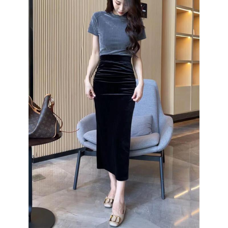 金丝绒渐变丁达尔风高腰修身洋气褶皱开叉一步裙女装显瘦半身裙