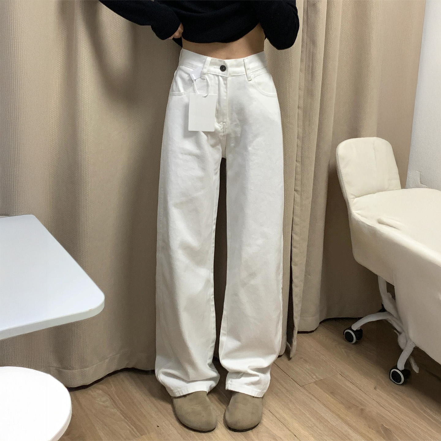 白色直筒牛仔裤女秋季新款大码胖mm宽松显瘦梨形身材窄版阔腿长裤