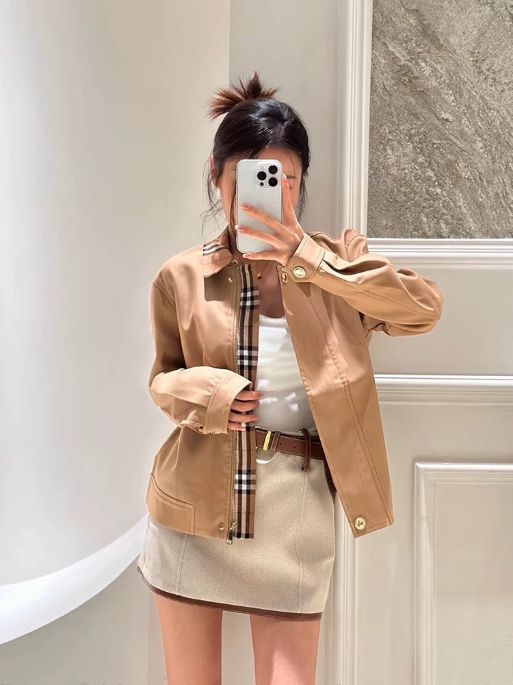 韩版卡其色格子翻领夹克风宽松短外套2024秋季新款休闲上衣ins