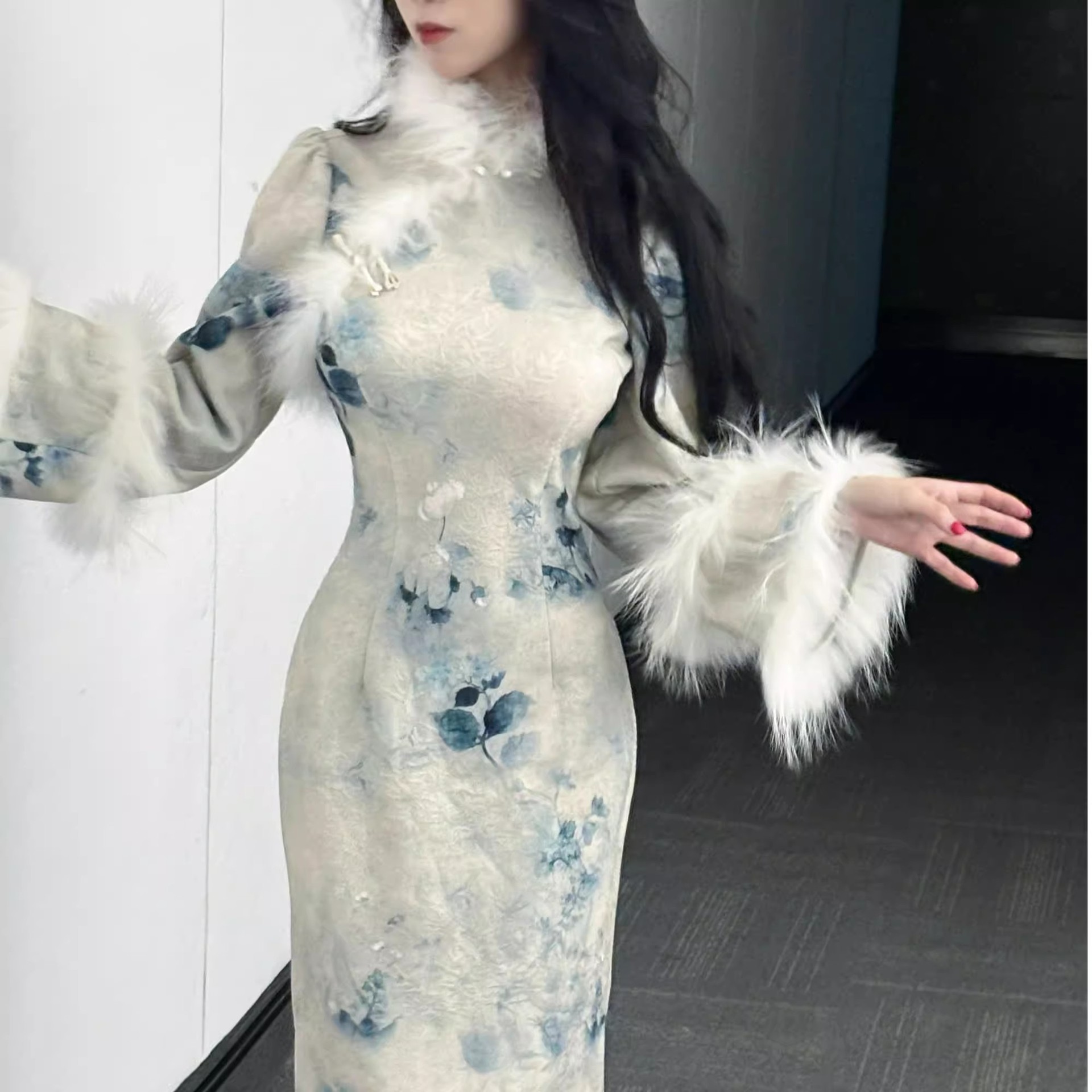 加绒长袖中长款旗袍裙连衣裙新款冬季中国风秋冬厚款倒旗袍秋冬款