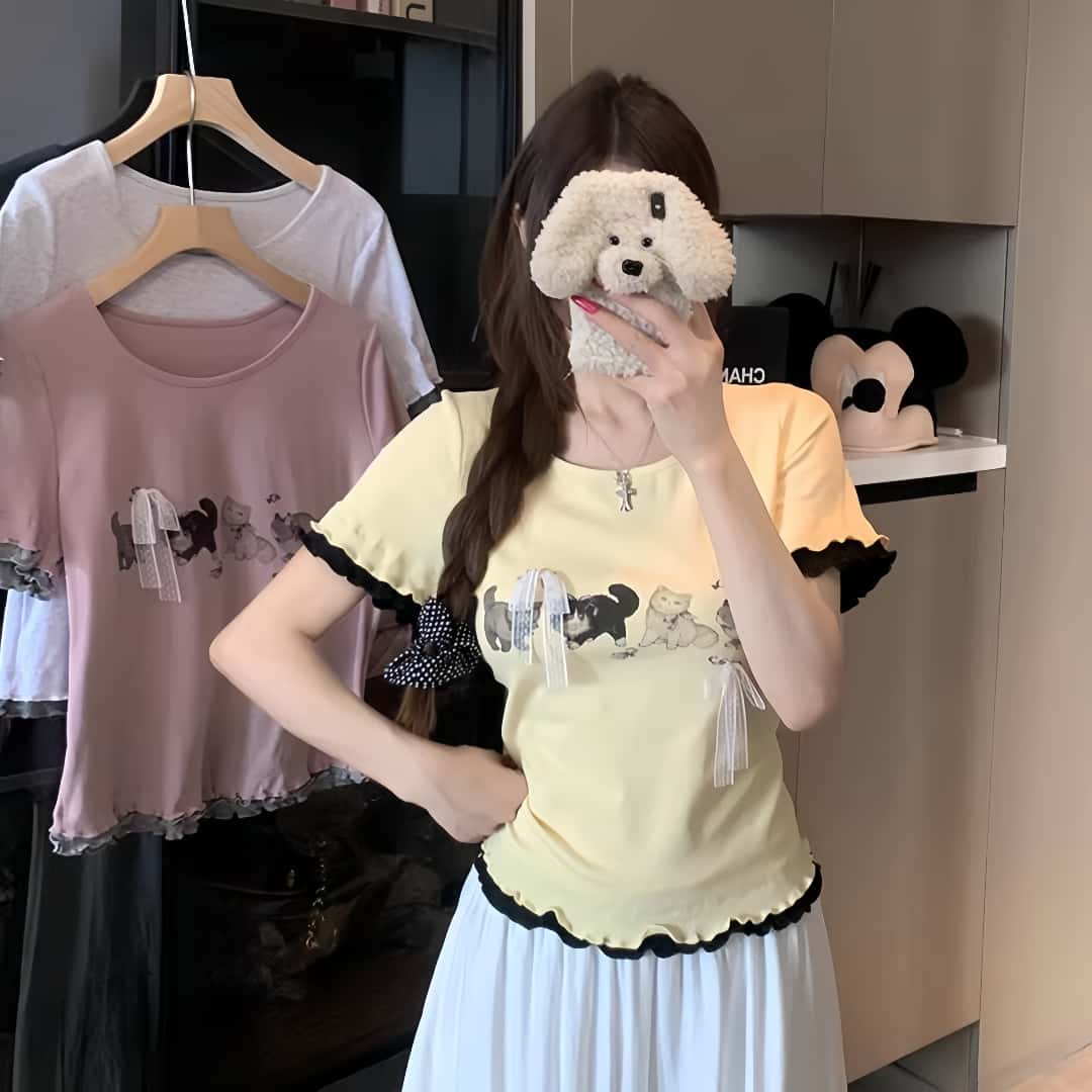 大码胖mm木耳边黄色正肩短袖T恤女夏季新款印花蝴蝶结百搭小上衣