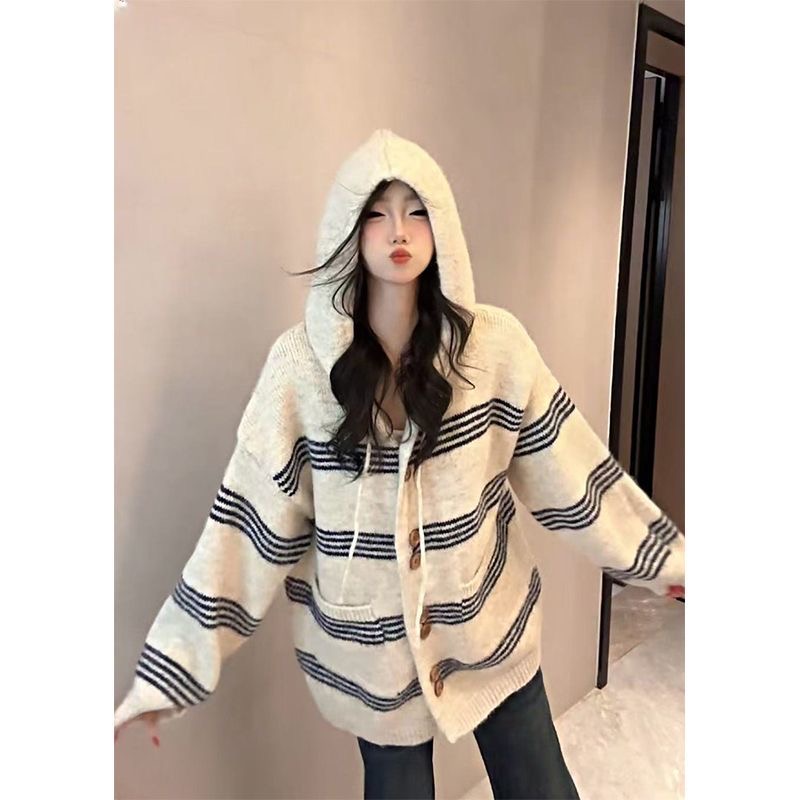 1102大码胖mm韩系慵懒风条纹连帽毛衣外套女秋冬宽松显瘦针织开衫