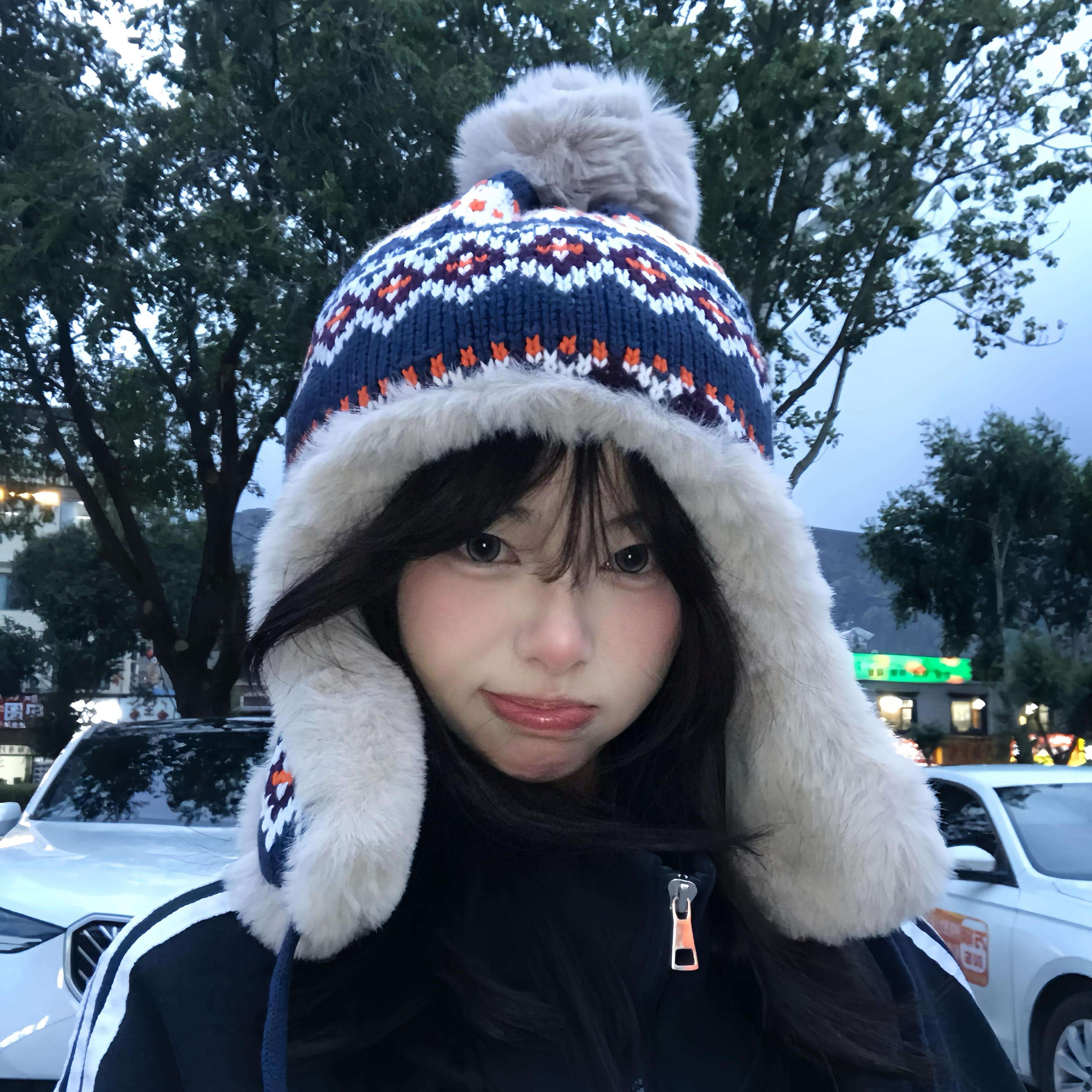 费尔岛风帽子女冬针织毛线帽保暖加绒加厚户外玩雪防寒护耳雷锋帽